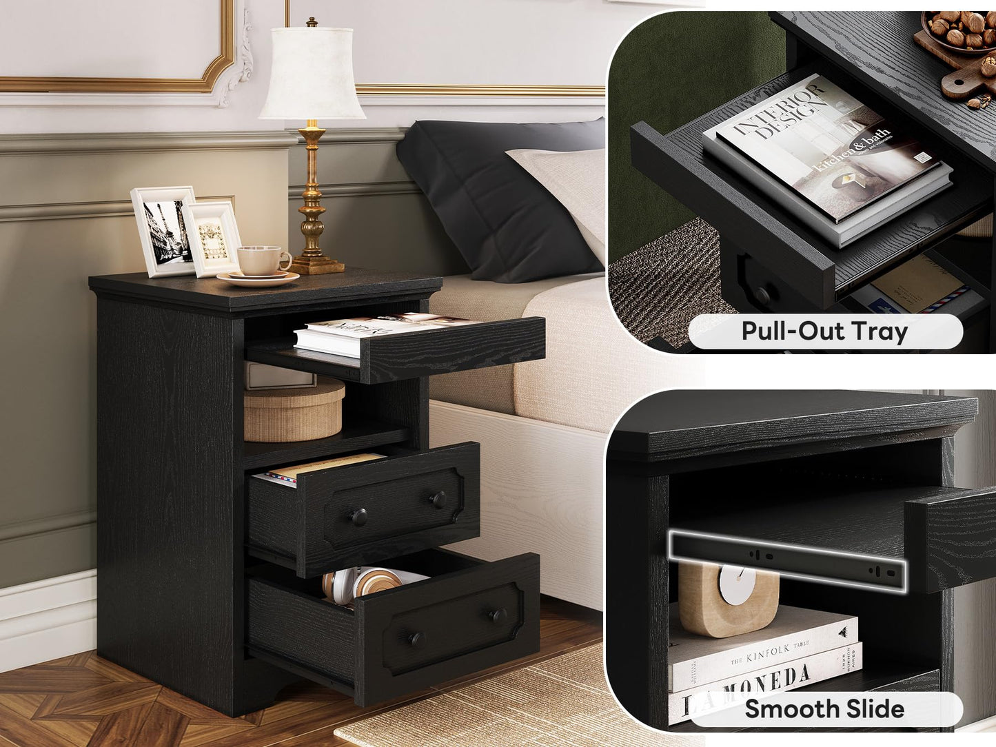 LIKIMIO Night Stand, Modern Bedside Table with 2 Drawers, Open Shelf, End Table with Pull-Out Tray, Wood SideTable, Black