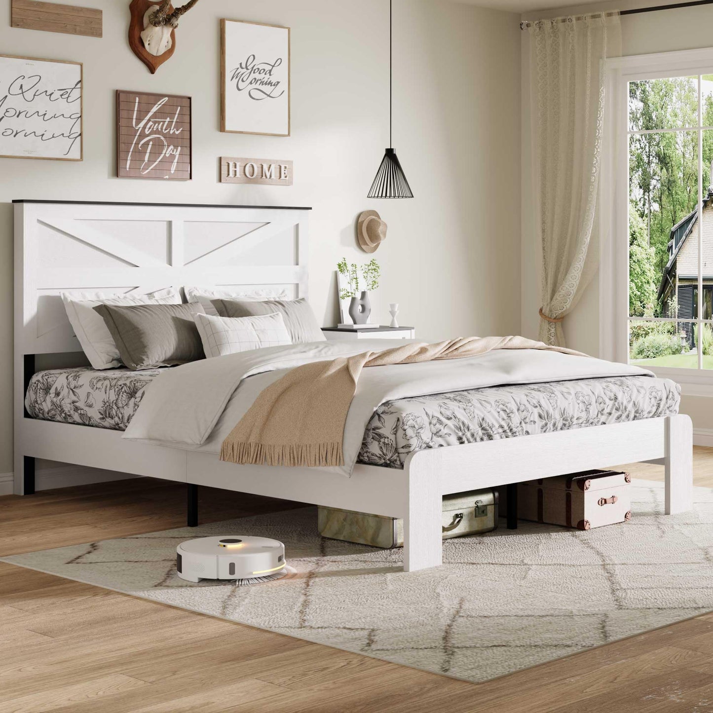 PAUKIN King Size Farmhouse Wooden Bed Frame with Headboard, Boho Platform Bedframe Sturdy Metal Slats Support, Spring Needed, Noisy Free, Easy Assembly (King, White)