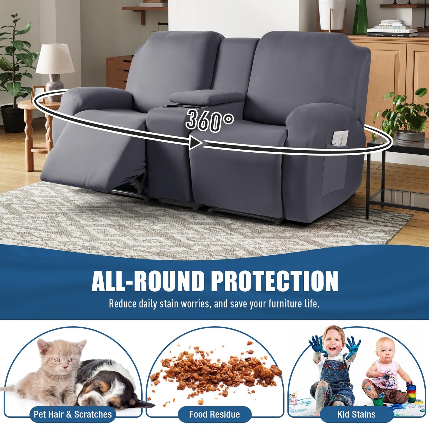 TAOCOCO Reclining Loveseat with Middle Console Slipcover, 4 Piece Polyester Fabric Stretch Loveseat Reclining Sofa Covers (Light Gray, 2 Seat Recliner Cover with Console)