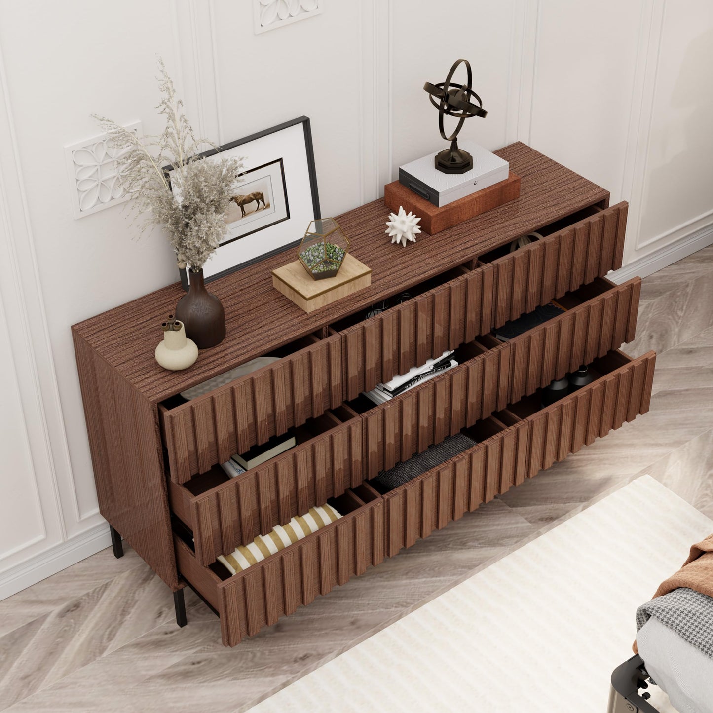 UEV 59" Fluted Dresser with 9 Drawers for Bedroom, Mid Century Style Fluted Dresser, Long Chest of Drawers TV Stand for Bedroom, Hallway (Walnut)