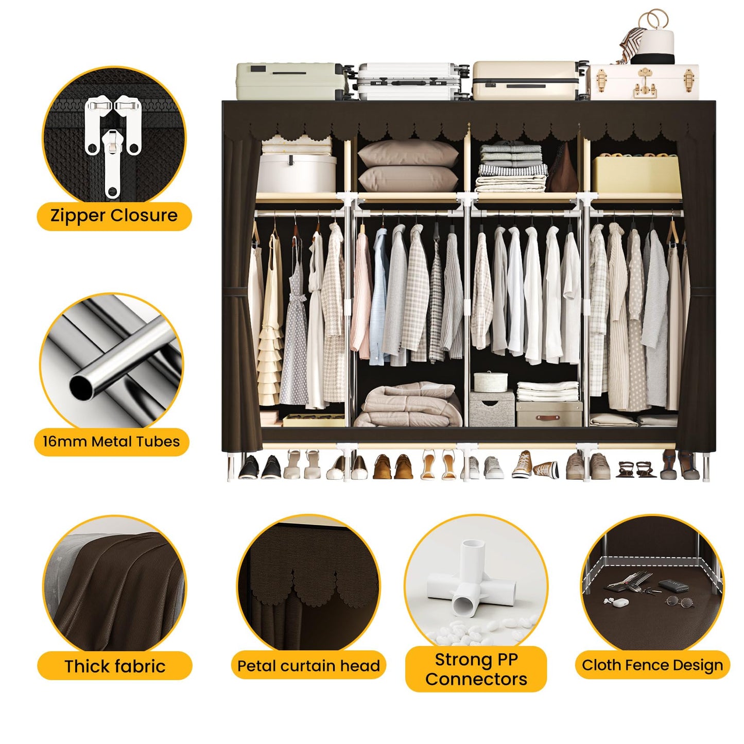 LEAIJIAFY Large Portable Armoire Wardrobe Closet with 4 Hanging Rods and Lockers,Metal Storage Wardrobe Clothes Rack with Dust Cover for Clothes,16.7 in Wide,Bedroom,Brown
