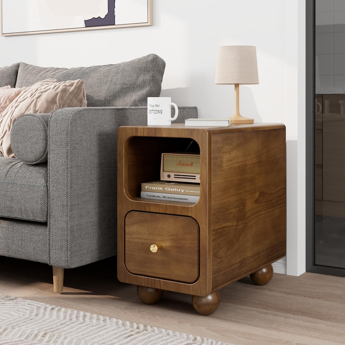 Solid Wood Nightstand, Narrow Night Stand with Drawers, Walnut Mid Century Modern Nightstand, Small Beside Table with Open Storage Shelf for Bedroom (10 inch)