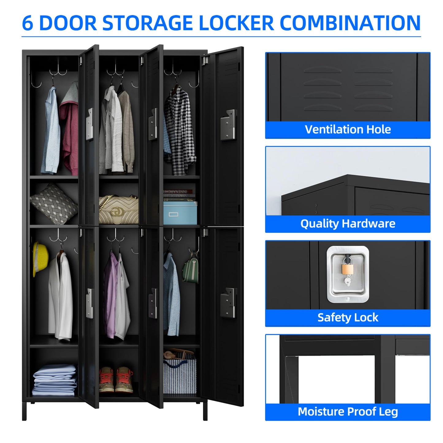 Aobabo Metal Locker for Employees, 6 Doors Metal Locker Cabinet with Lock, Industrial Storage with 18 Hooks, Storage for Office Gym, Dormitory, Assembly Required, Black
