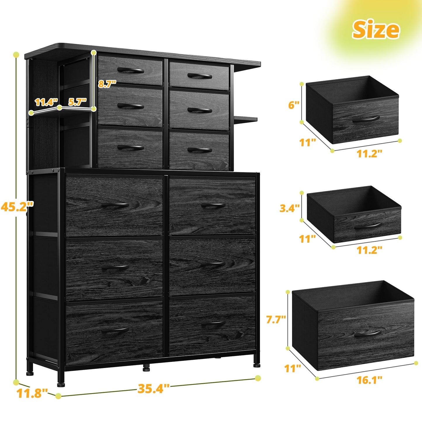 EnHomee Tall Dressers for Bedroom with LED Lights and 12 Drawers Dresser for Bedroom with Open Shelves, Fabric Dressers & Chests of Drawers, Metal Frame, Black, 45.2" H x 35.4" W x 11.8" D