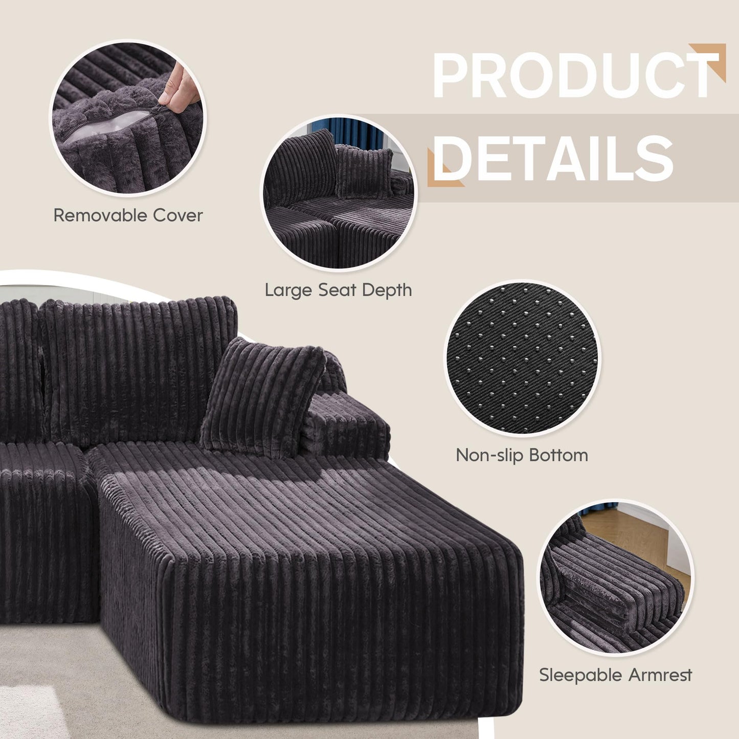 Hobestluk Modular Sectional Sofa Couches 108" L-Shape Couch 3 Seat Modular Sofa Memory Foam Sectional Couches for Living Room, Boneless Couch with Oversized Chaise (Grey, Right Facing)