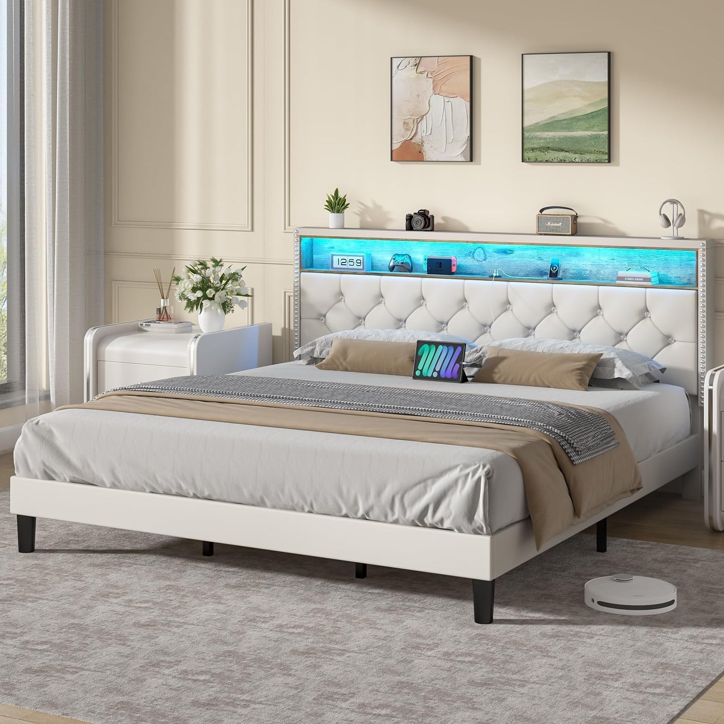 King Bed Frame with LED Lights, Velvet Upholstered Platform Bed with Storage Headboard and Charging Station, King Bed Frame with Diamond Design, Wood Slats Support, No Box Spring Needed, Beige