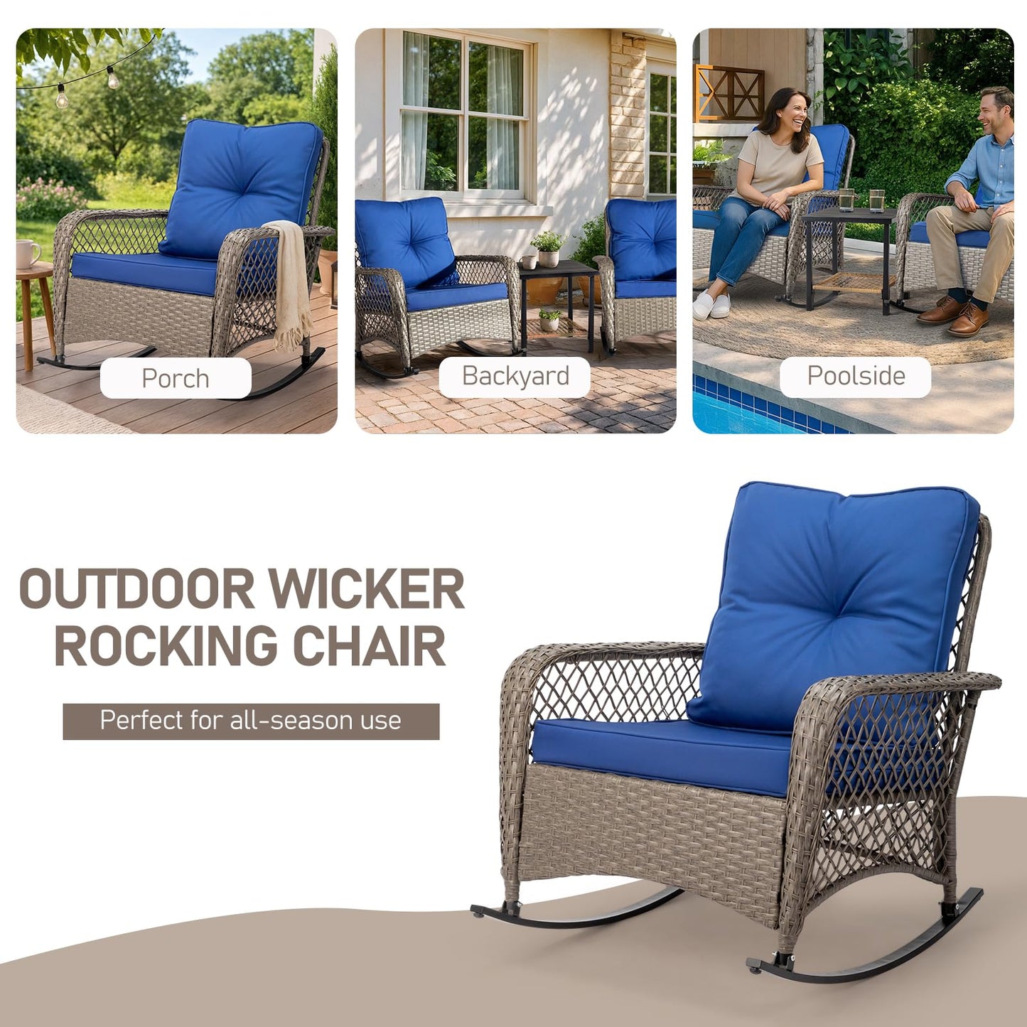 Outvita Outdoor Wicker Rocking Chair, Patio Rattan Rocker Chair w/Cushions & Steel Frame, All-Weather Rocking Lawn Wicker Furniture for Garden Backyard Porch Deck (Navy Blue)
