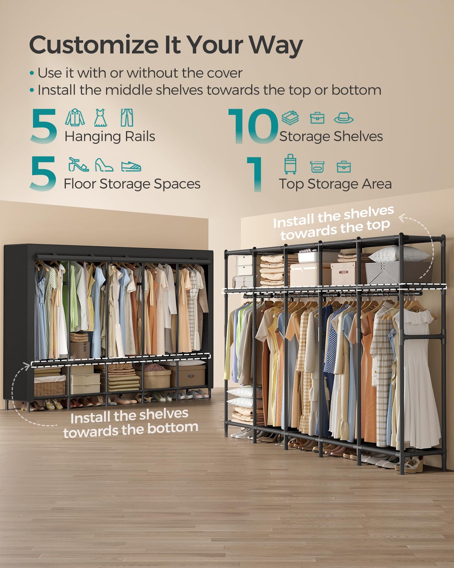 SONGMICS Wardrobe Closet, 83.5 Inch Large Capacity Portable Closet, Clothing Rack, 25 mm Dia,Thick Steel Tubes, Clothes Organizer with Fabric Cover, 5 Hanging Rails, 10 Shelves, Ink Black URDR095B01