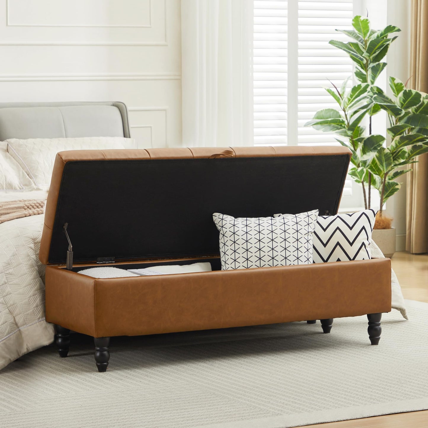Hicosit 51 Inch Ottoman, Storage Bench Foot of Bed, Faux Leather Large Rectangular Upholstered Footstool for Bedroom End of Bed, Living Room, Entryway (PU Brown)