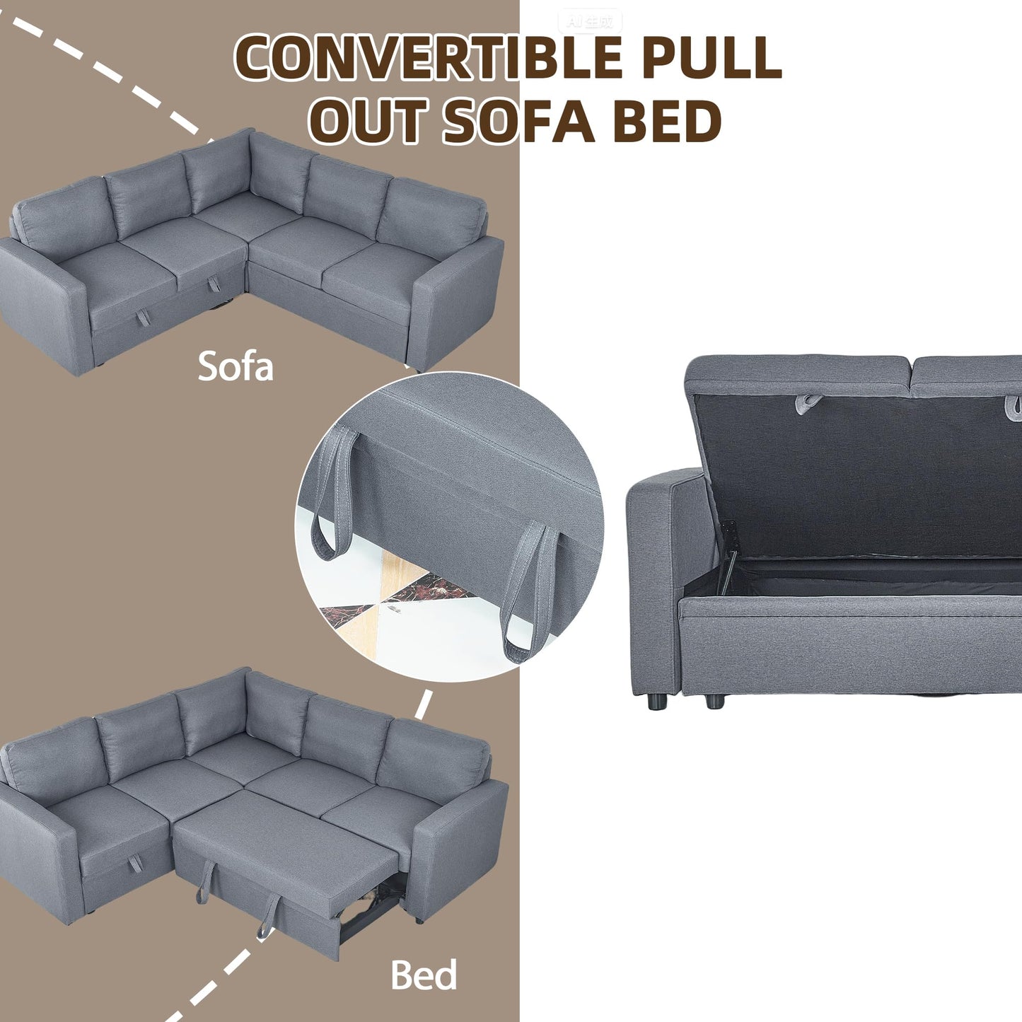 Trygoal Sleeper Sofa Couch with Pull Out Bed, L Shaped Couch Bed with Storage, Sectional Sleep Couches, Convertible Sleeper Sofa Beds W/Reversible Chaise&Back Cushion for Living Room, Grey