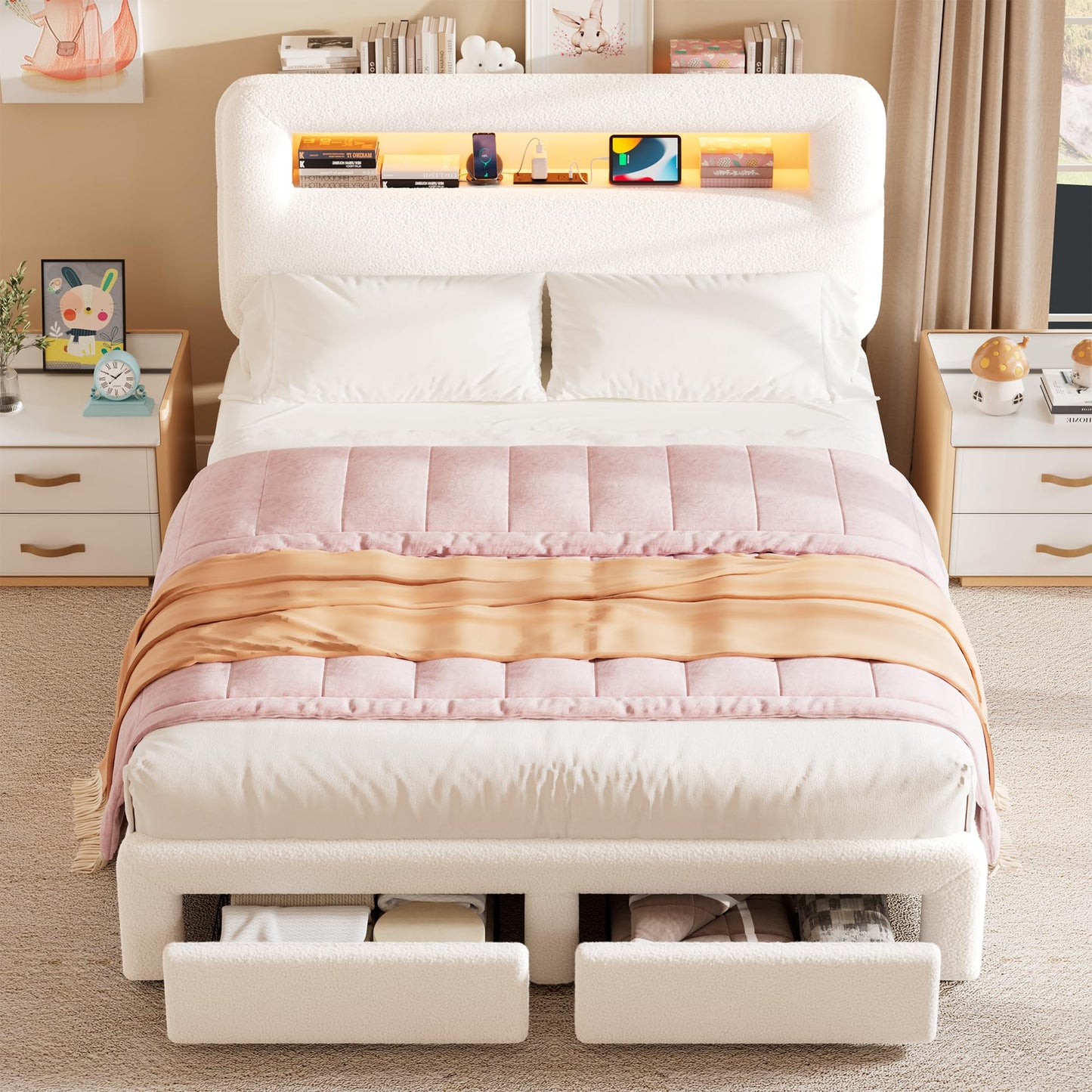 VINTLJUS Queen LED Bed Frame with Storage Headboard & Charging Station, Kids Bed Frames with Bookcase, Teddy Fleece Upholstered Platform Bed Frames with 2 Storage Drawers, No Box Spring Needed, Beige