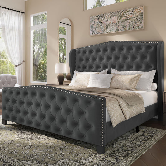 BRELTAM Upholstered Queen Size Bed Frame Velvet Tufted Platform Bed Frame with Wingback Headboard & Footboard, with Deep Button Tufted & Nailhead Wooden Slats Support, No Box Spring Needed,Grey