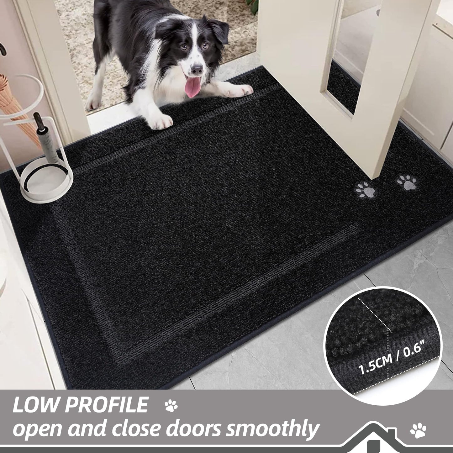 BEQHAUSE Dog Door Mat for Muddy Paws 20"x32" Dirt Trapper Absorbent Doormat Non Slip Entryway Rugs Washable Stain Resistant Welcome Floor Mat Soft Low-Profile for Front Back Door, Black