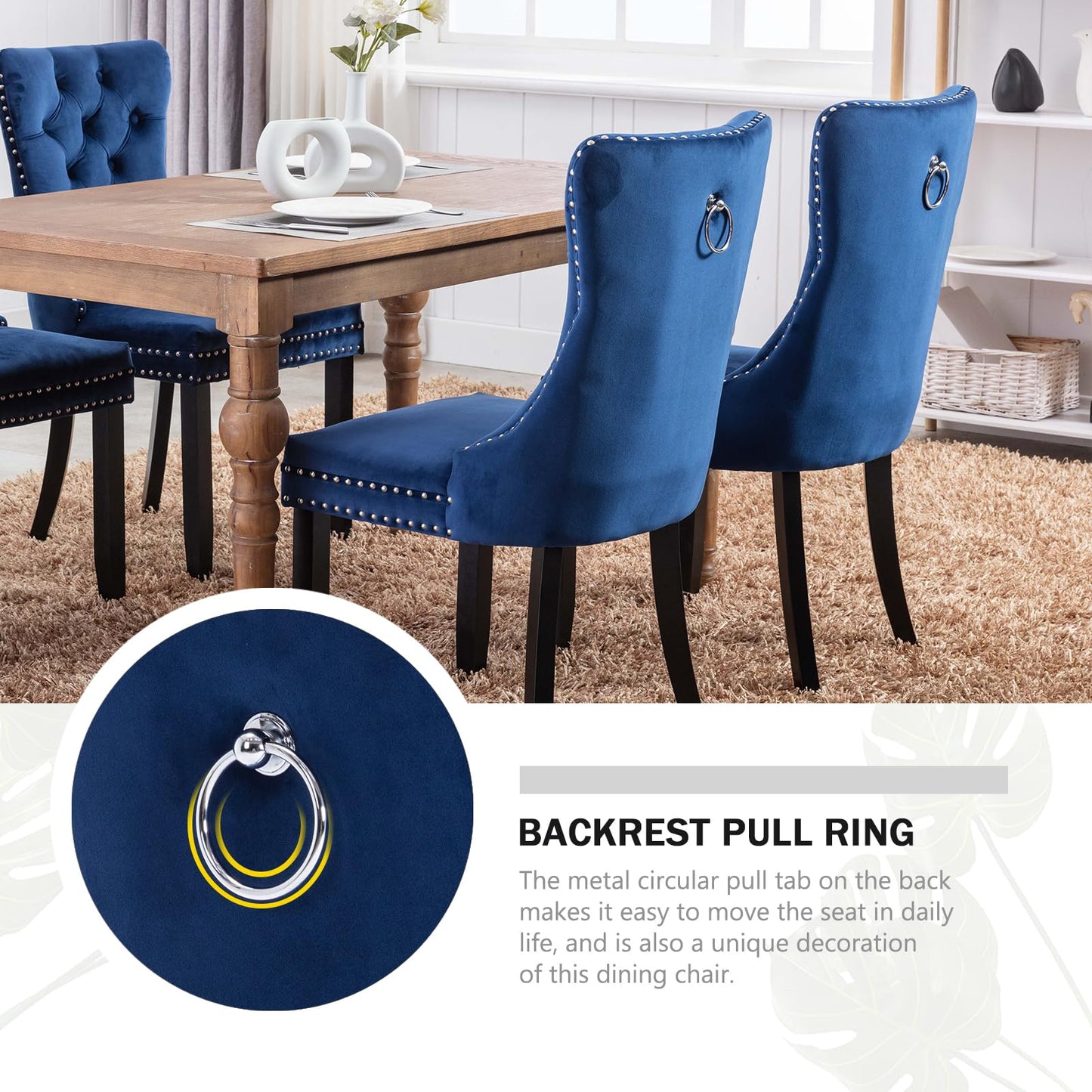 Hixkol Velvet Dining Chairs Set of 4,Upholstered Dining Chairs with Ring Pull Trim and Button Back,Modern Seating for Kitchen, Dining Room & Living Room(Blue)