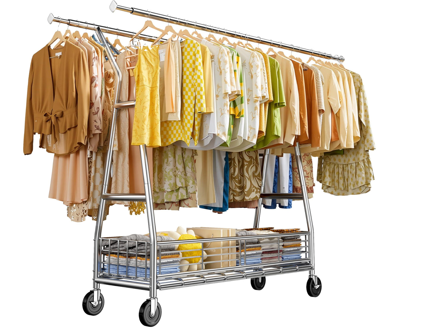 Raybee Heavy Duty Clothes Rack, 350LBS Clothing Rack with Sturdy Wheels and Shelves, Double Rods Clothing Racks for Hanging Clothes Commercial Portable Adjustable Garment Rack, Chrome
