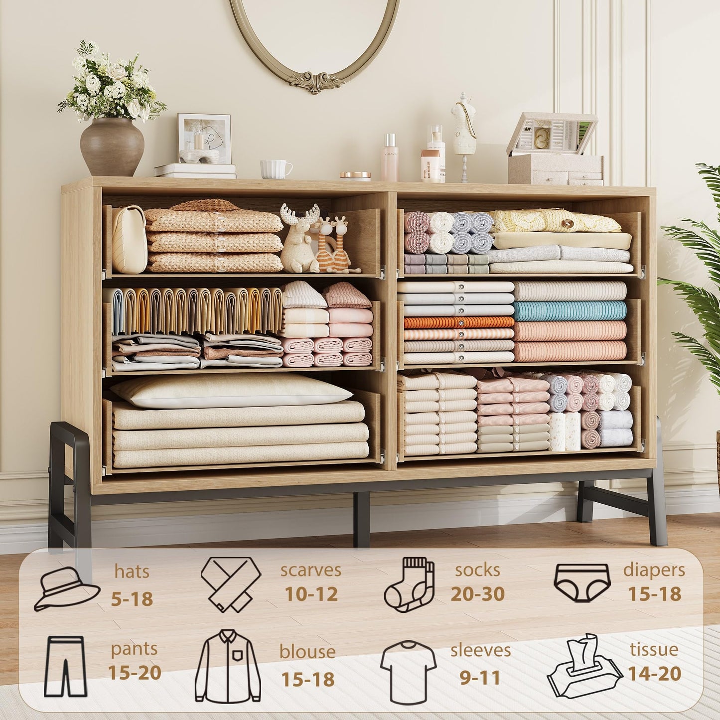 GarveeHome 6 Dresser for Bedroom, 52" Wide Drawer with Large Storage Space, Freestanding Wooden Closet Storage Dresser Chest for Living Room, Bedroom, Entryway, Natural Oak