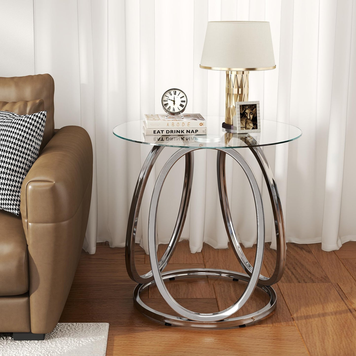 O&K FURNITURE Silver End Table for Living Room, Glass Side Table for Bedroom, Modern Round Glass Nightstand with Metal Frames for Home Office, Chrome Finish, 1 PC