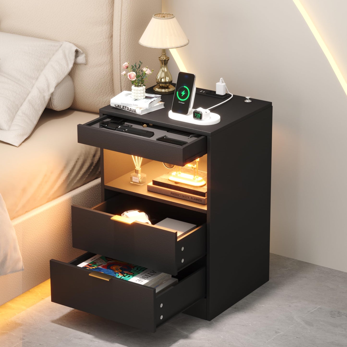 Yusong Night Stand with Gun Drawer & Invisible Lock, Bedside Table, LED Nightstand with Charging Station, Modern Night Stand, Wood Sofa Couch End Side Table with 2 Pull-Out Shelf, Black