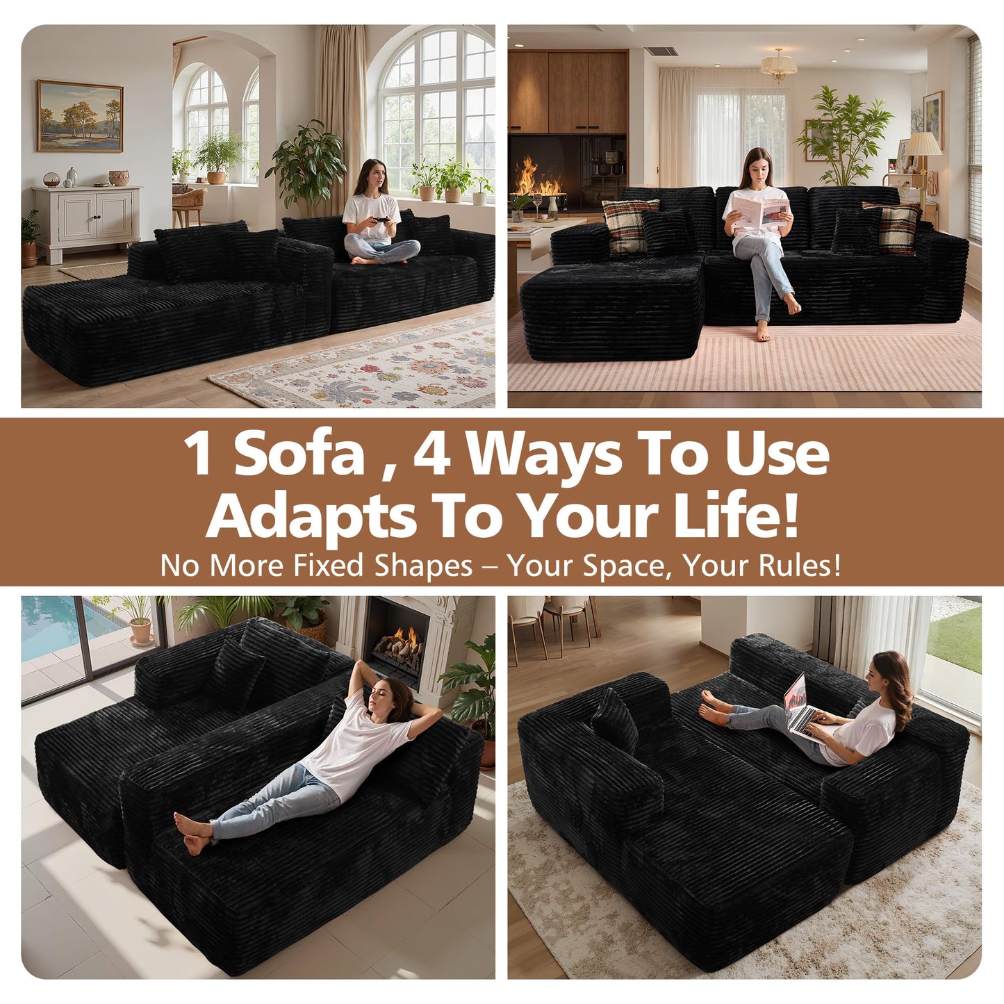 CAODOC 104" Cloud Sectional Couch with Comfy Chaise, Boneless L Shape Sofa with Deep Seat, Minimalist Modular Couches Sleeper for Living Room Bedroom Apartment Lounge,Black