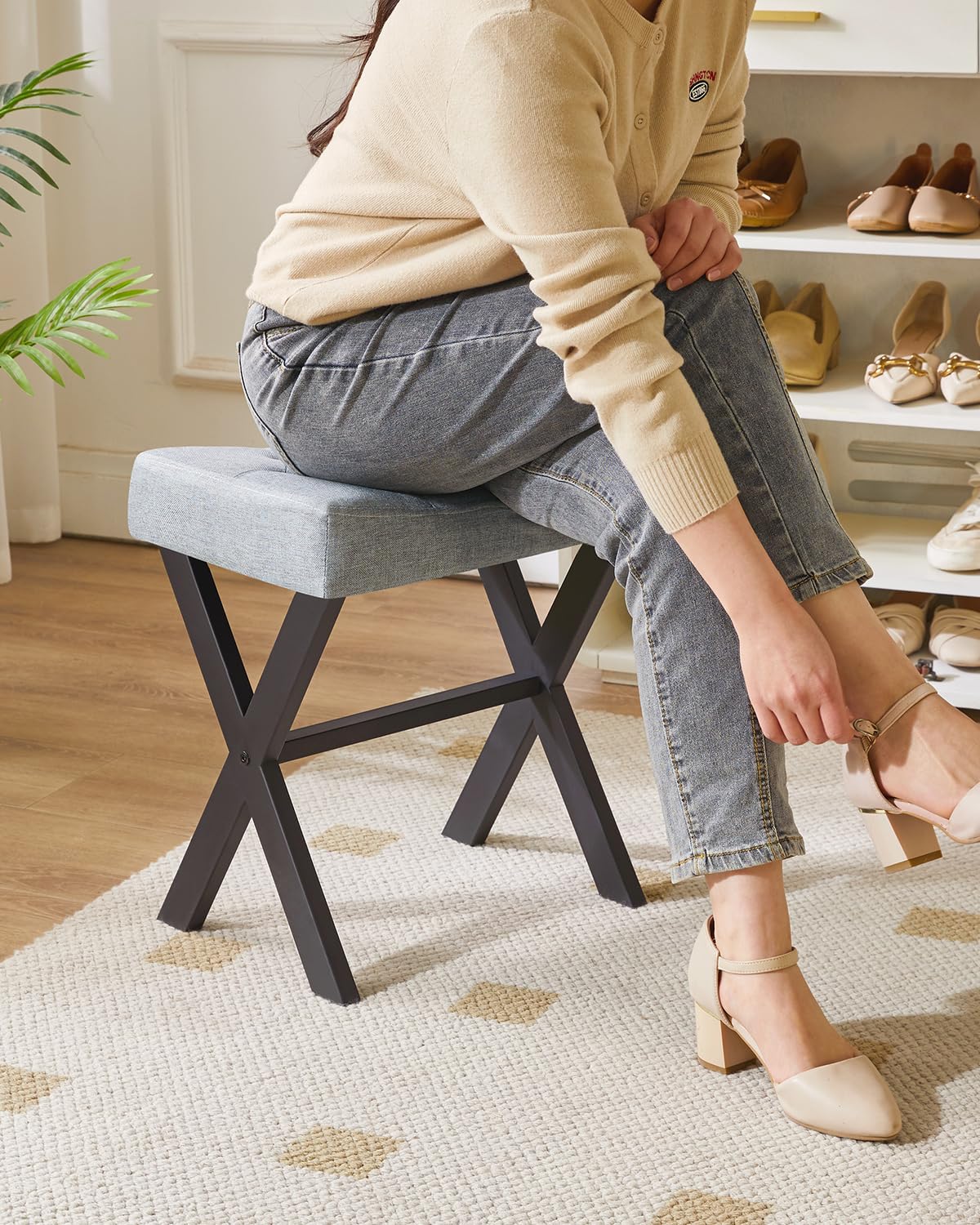 IBUYKE U-Shaped Linen Vanity Stool, Square Makeup Chair with X-Leg, Ottoman Seat Footrest Stool, Multi-Use as Small Side Table, for Bedroom, Living Room, Blue Gray WBD018L
