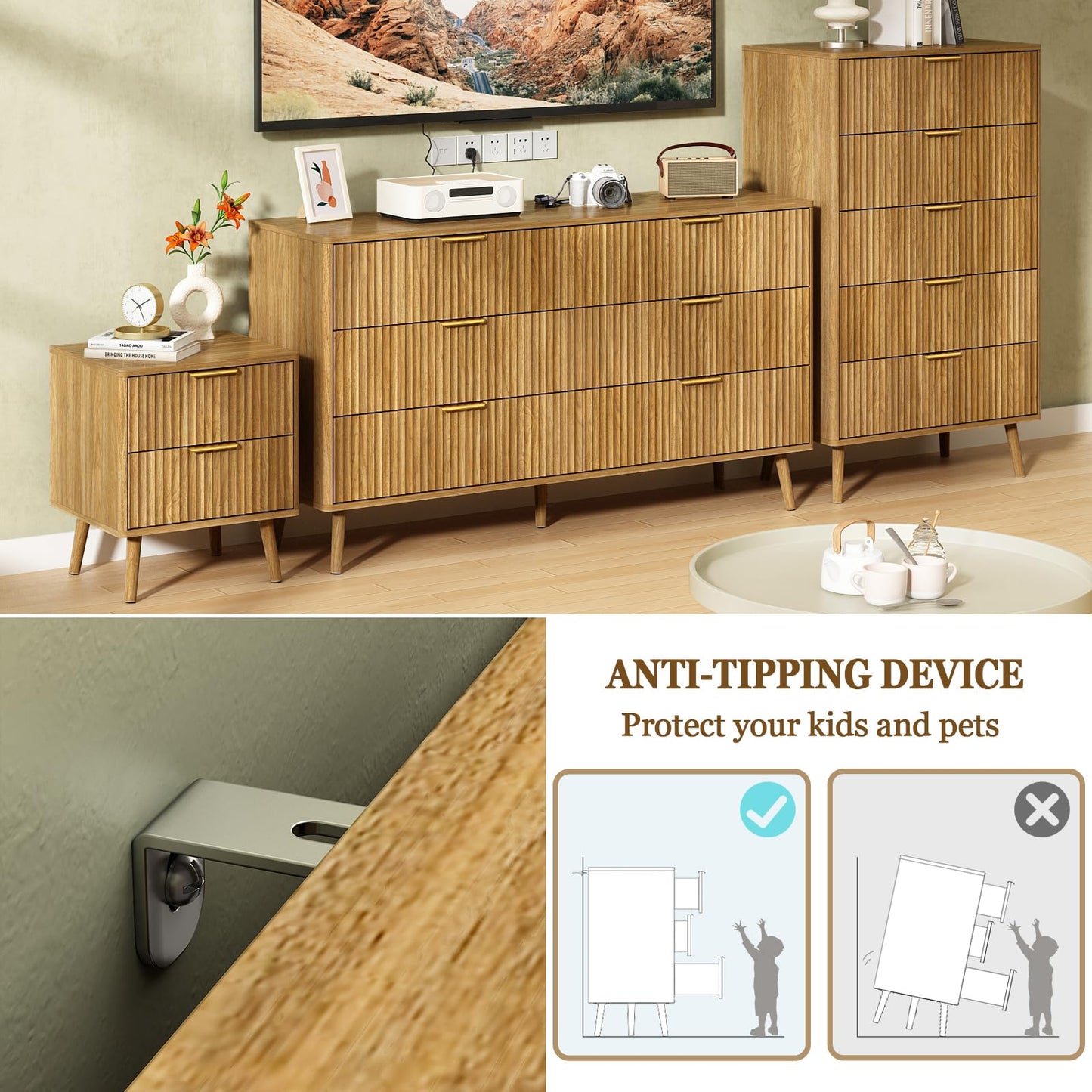 CARPETNAL Fluted 6 Double Drawers Dresser for Bedroom, 55”Wide Modern Chest of Drawers with Deep Drawers,Curved Profile Design, Wood Drawer Organizer for Bedroom Living Room, Hallway, Natural Oak