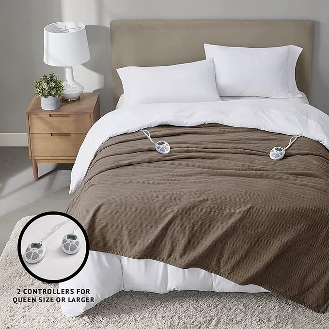 Serta Travis Fleece Ultra Soft Tri-Rib Textured Electric Blanket, Cozy and Snuggly Cover Fast Heating for Cold Weather, Auto Shut Off, Multi Heat Setting Controller, King, Stone Brown