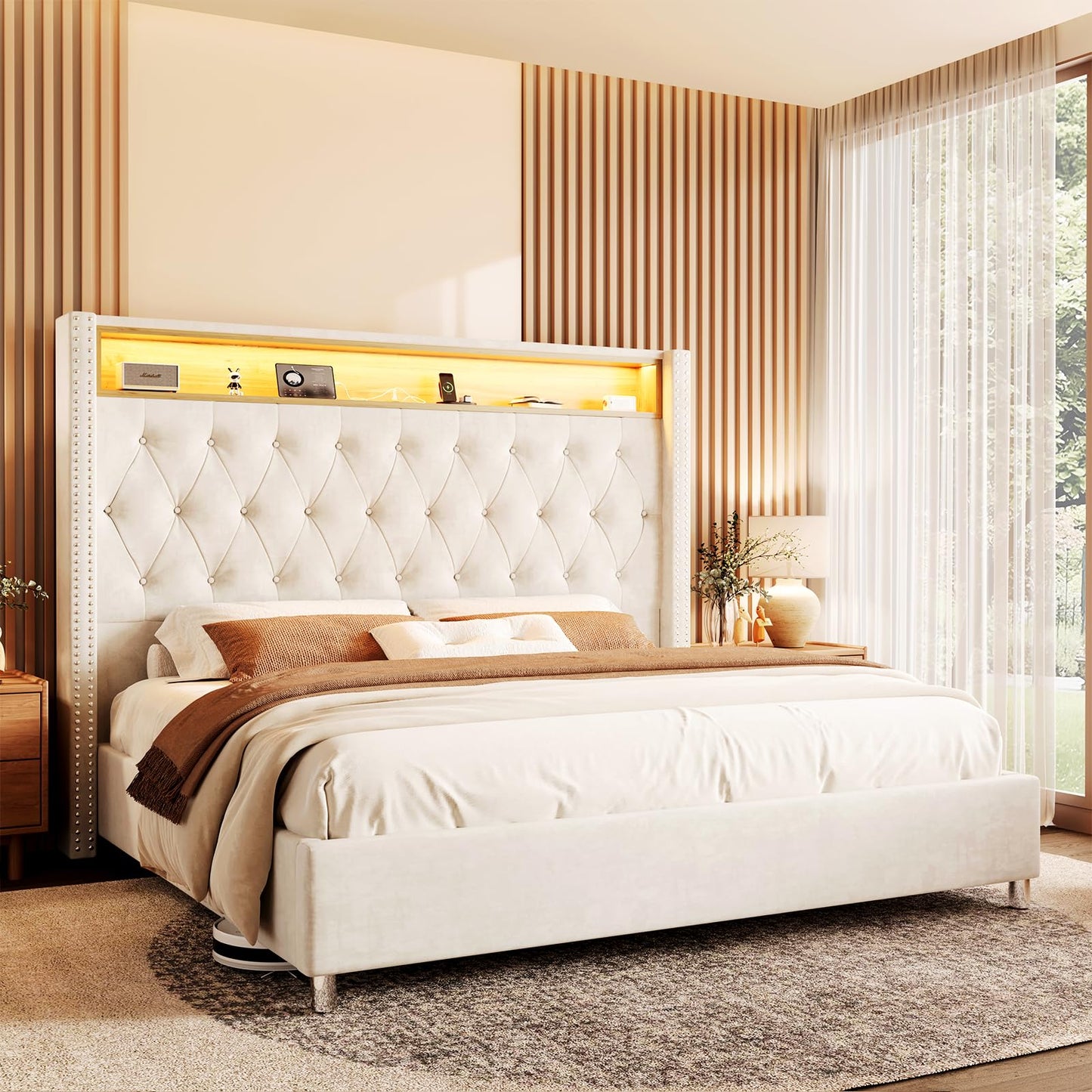 Jocisland Queen Size Bed Frame 53.6'' Tall Headboard LED Lights and Charging Station, Velvet Hign Upholstered Platform Bed Wingback Storage, No Box Spring Needed, Motion Activated Light, Light Cream