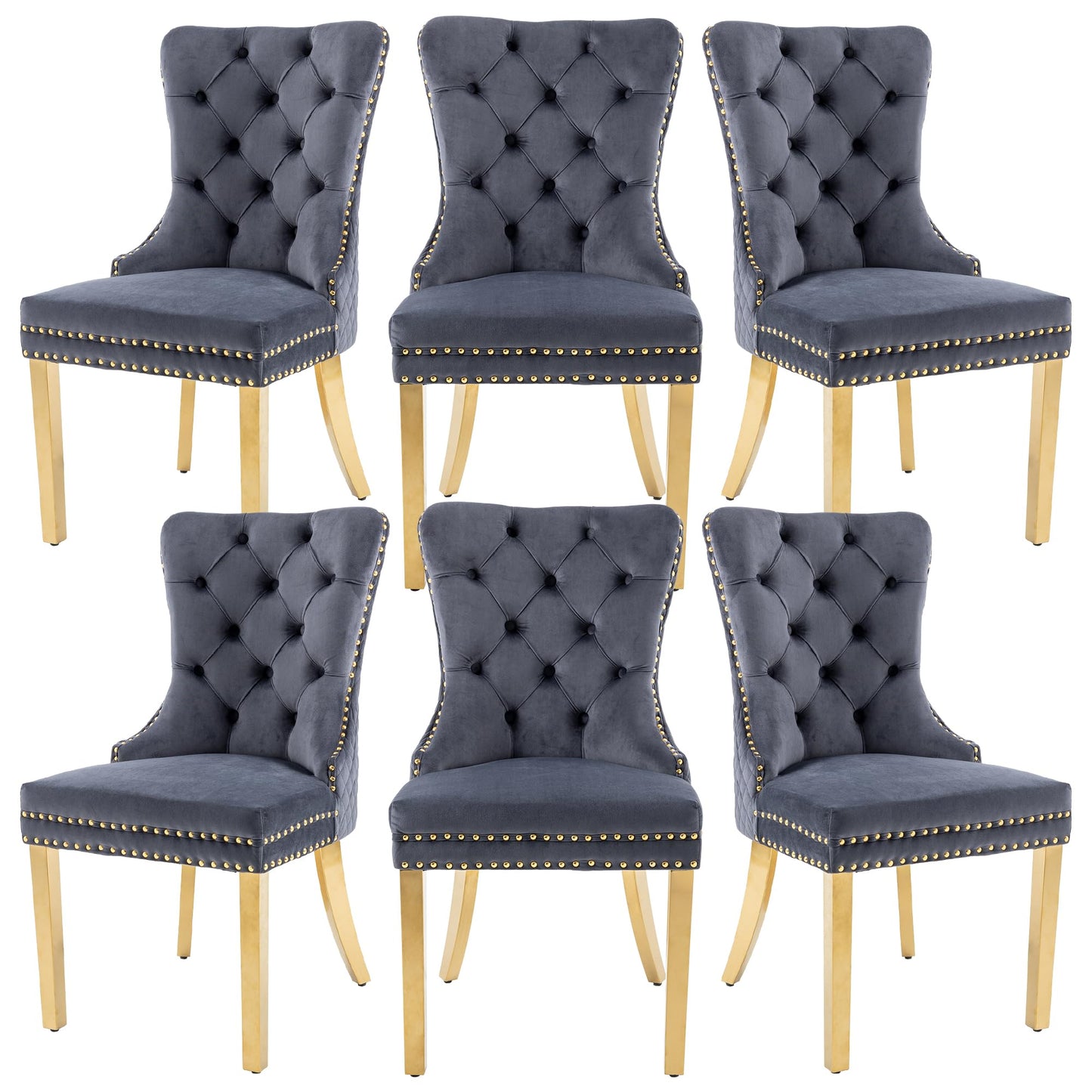 GOOLON Velvet Dining Chairs Set of 6, Upholstered Dining Room Chairs, Mid-Century Modern Chairs with Diamond Lattice Tufted Back, Lion Pull Ring Rivet Trim, Golden Metal Legs for Kitchen, Dark Grey