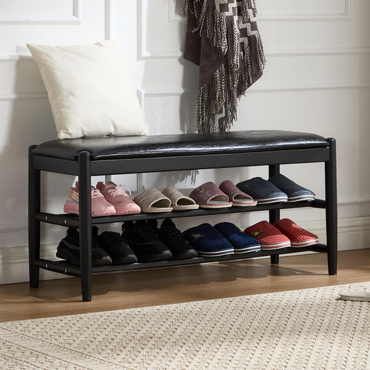 CREATISAN Shoe Bench, Solid Oak Wood Entryway Bench with Storage, 3-Tier Shoe Storage Bench with PU Leather Seat, Mid Century Shoe Rack Benches for Hallway, Bedroom, Living Room, 43.3" Black