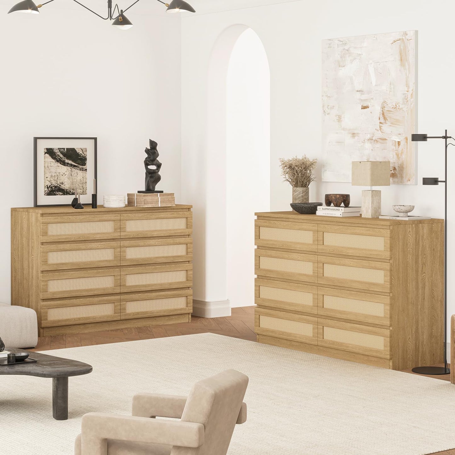 Patikuin Rattan Dresser for Bedroom, Modern 8 Drawer Double Dresser for Bedroom, Wide Wood Chest of Drawers for Bedroom, Living Room, Hallway