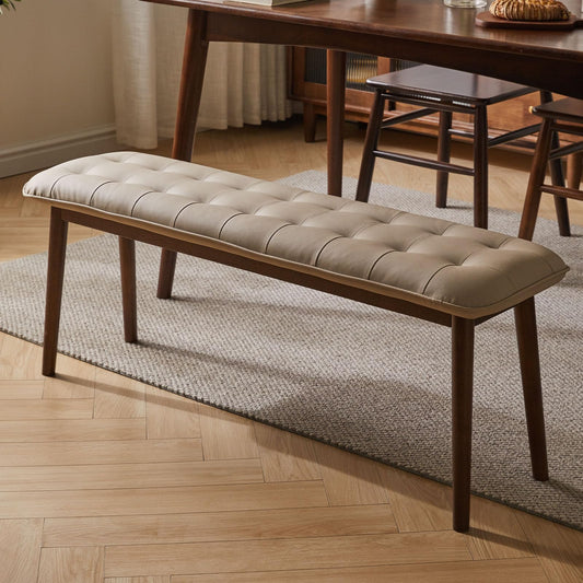 Cttasty Entryway Bench, Solid Wood Dining Bench, Midcentury End of Bed Bench with PU Leather Padded Seat, Bedroom Bench, 47.24" L x 12.6" W x 17.72" H (Beige)