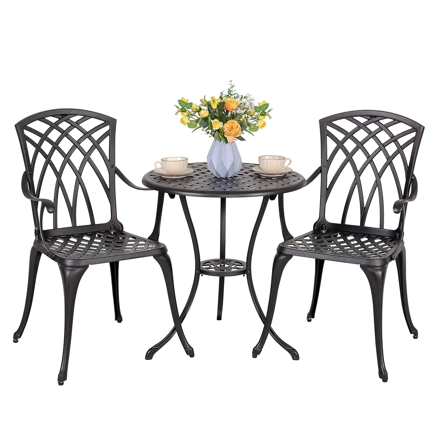 NUU GARDEN Patio Bistro Sets 3 Piece Cast Aluminum Bistro Table and Chairs Set with Umbrella Hole Bistro Set of 2 for Patio Backyard, Black
