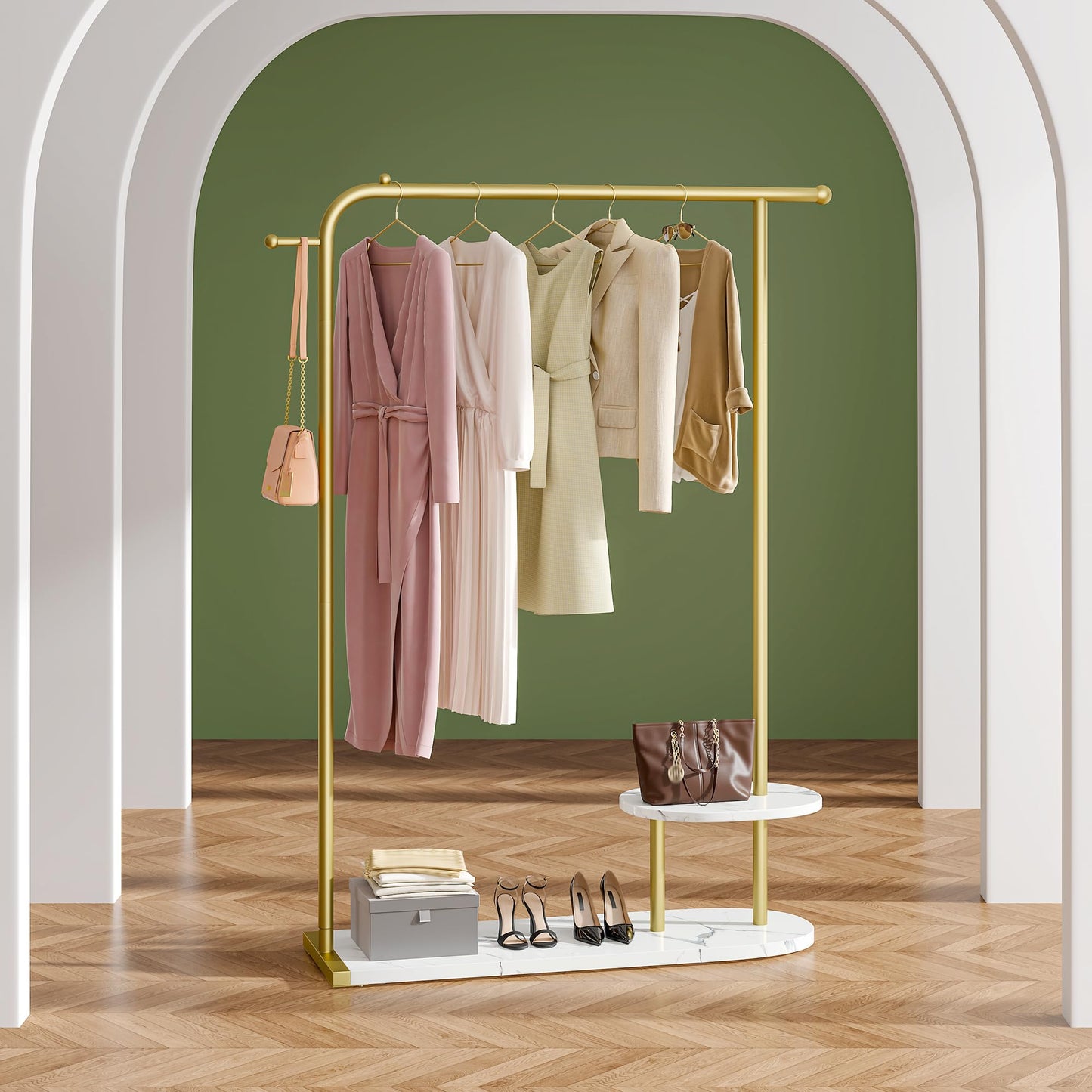 Raybee 67" H Gold Clothing Rack, Modern Coat Rack with Two-Tier Storage, Clothes Rack with a Display Stand for Boutique Store, Living Room, Bedroom