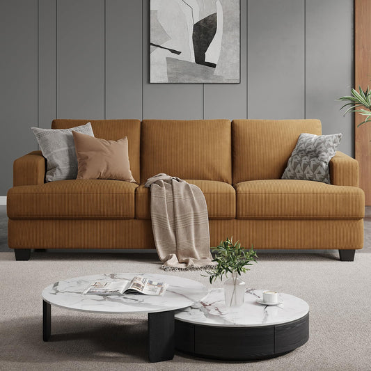 COPIAE 89 Inch Sofa with Extra Deep Seats Oversize, Corduroy Fabric 3 Seater Sofa for Living Room, Modern Couch and Sofa, Comfy Armrests and Seats and Backrests, Easy Installation, Ginger Yellow