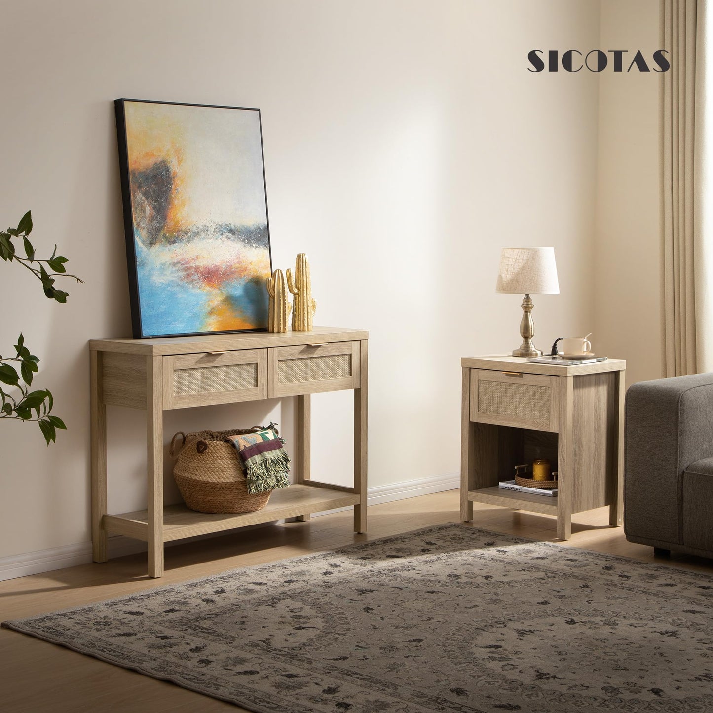 SICOTAS Night Stand Set of 2 with Charger Station Rattan Nightstands with Drawer Farmhouse Bedside Table with USB and Type-C Ports Boho End Side Table for Bedroom Small Space, Light Oak