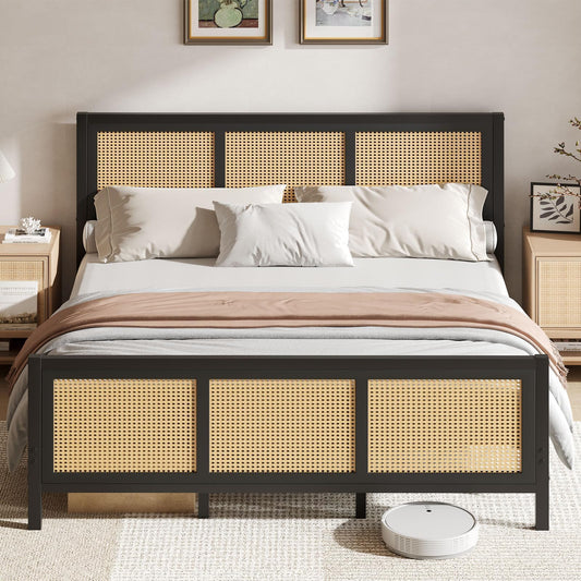 CHABUILDREARK Rattan Bed Frame King, Boho King Bed Frame and Headboard, Metal Platform King Size Bed Frame with Strong Slats Support, No Box Spring Needed, Noise-Free, Easy Assembly, Black