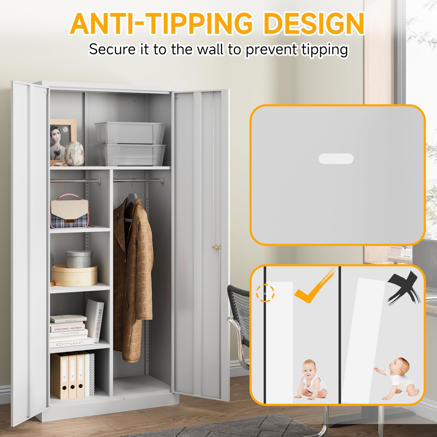 Firstsky 71" H Metal Armoire Wardrobe Cabinet with Doors and Shelves,5-Tire Wardrobe Closet with Rod,Adjustable Steel Locking Cabinet for Home Office,Bedroom,Garage,Laundry (White)
