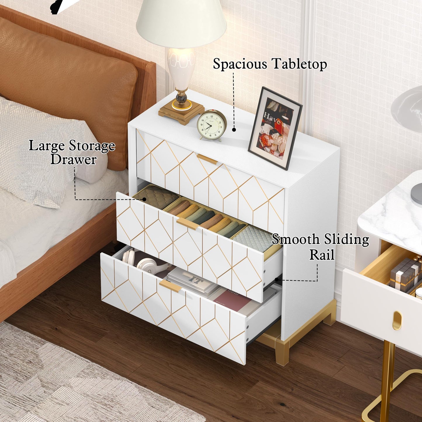 HLR 3 Drawer Dresser for Bedroom, Modern Wood Chest of Drawers with Gold Trim, Accent Dresser Storage Tower, White Organizer Cabinet for Closet, Living Room, Hallway, Entryway