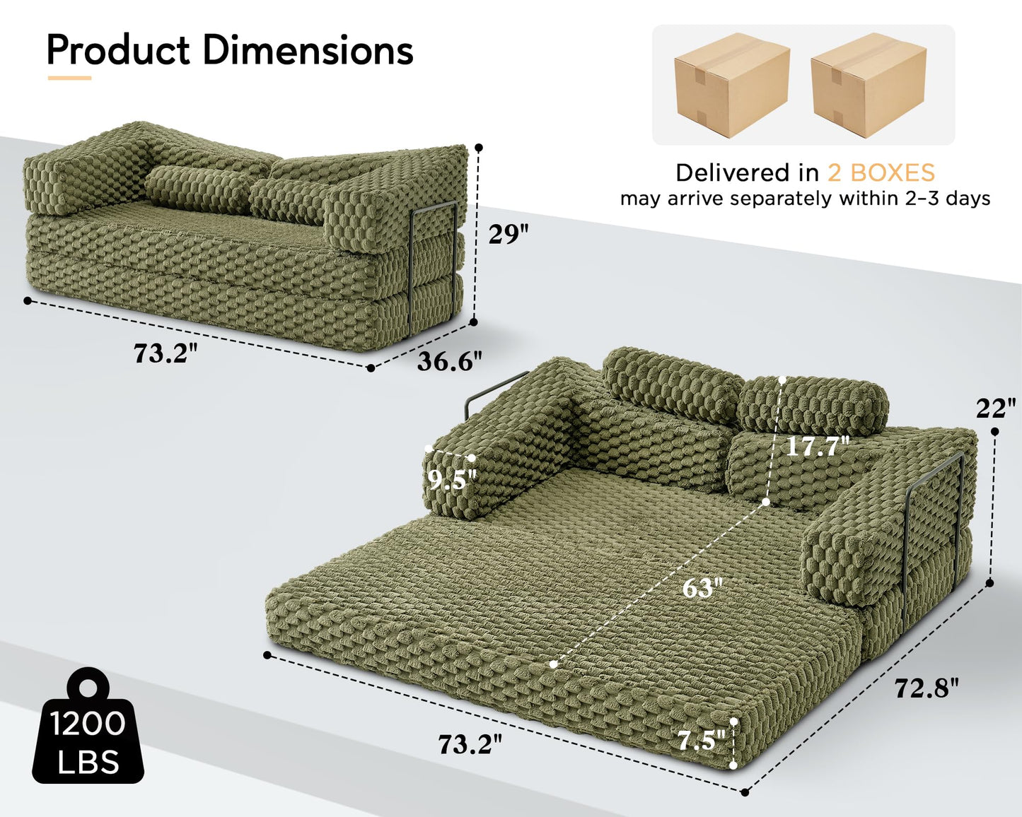 VanAcc Foldable Sofa Bed, Convertible Floor Sofa with Plush Faux Fur, No Assembly Mattress Couch for Living Room, Apartment, Bedroom, Green