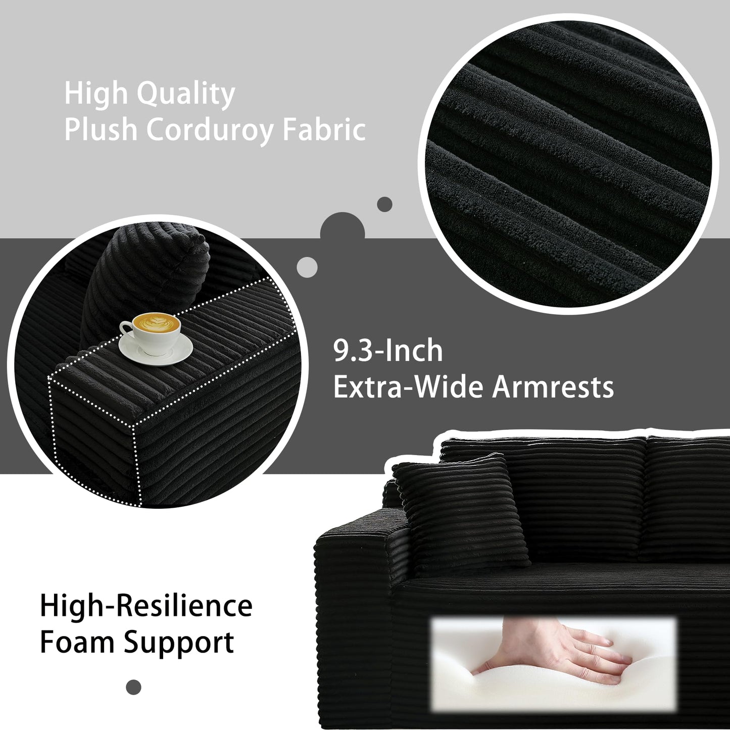ivoros Sectional Couch with L-Shape Chaise, 103" Modular Sectional Sofa with Deep Seat, Modern Corduroy Couch, Lazy Compression Sofa for Living Room, No Assembly Required, Left, Black