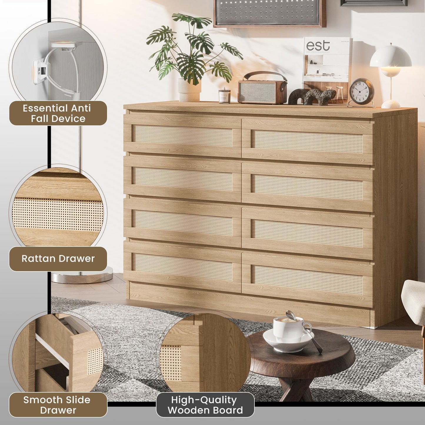 Patikuin Rattan Dresser for Bedroom, Modern 8 Drawer Double Dresser for Bedroom, Wide Wood Chest of Drawers for Bedroom, Living Room, Hallway