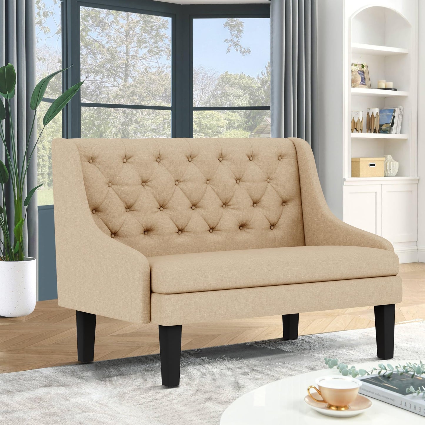 Yongqiang Settee Bench with Back for Dining Room Living Room Entryway Modern Upholstered Banquette Button Tufted Loveseat Sofa Mini Couch with Wood Legs Khaki