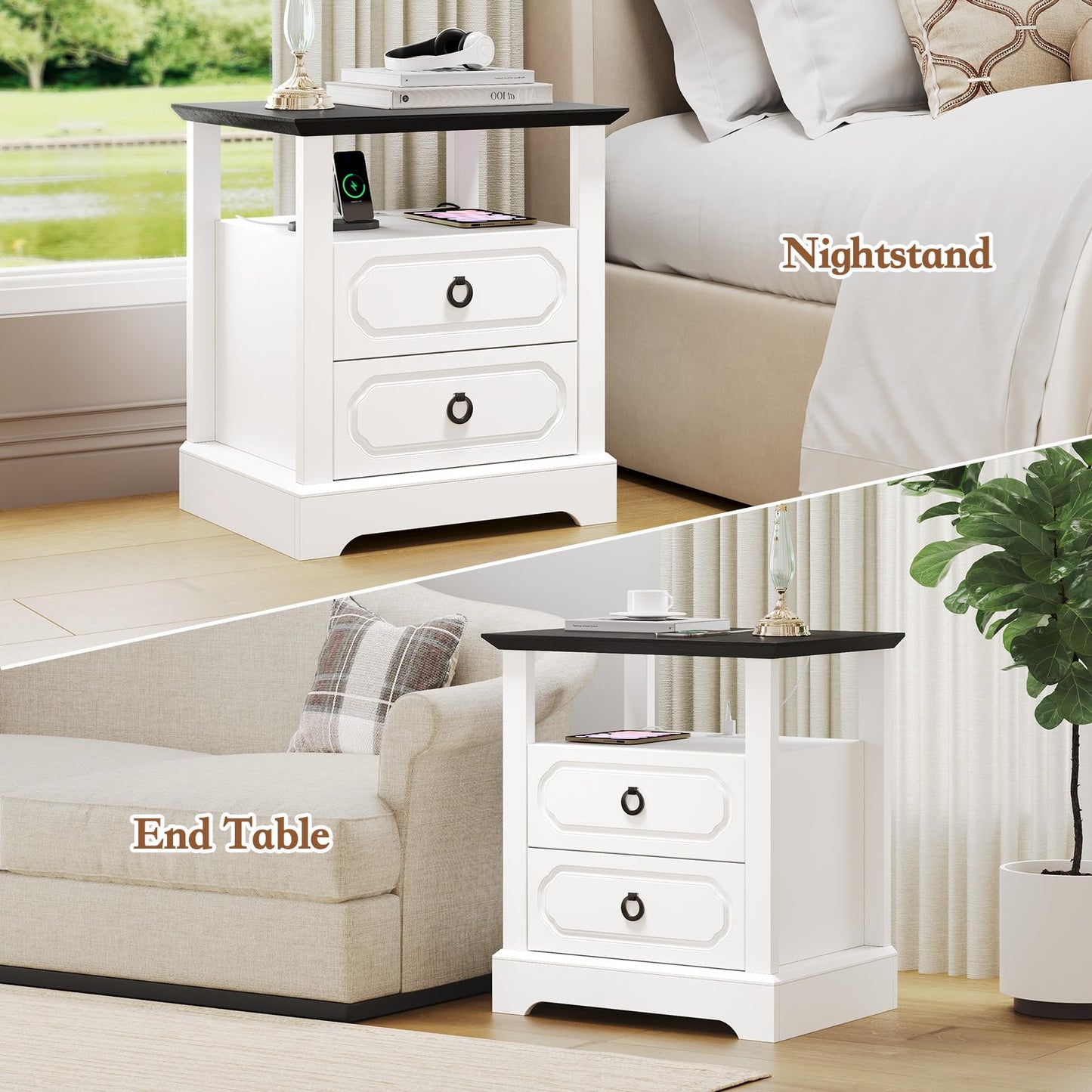 Concho 21.3" Farmhouse Nightstand with Charging Station, Modern End Table with 2 Drawers & Open Shelf, Wood Side Table with Storage, Large Bedside Cabinet for Bedroom, White