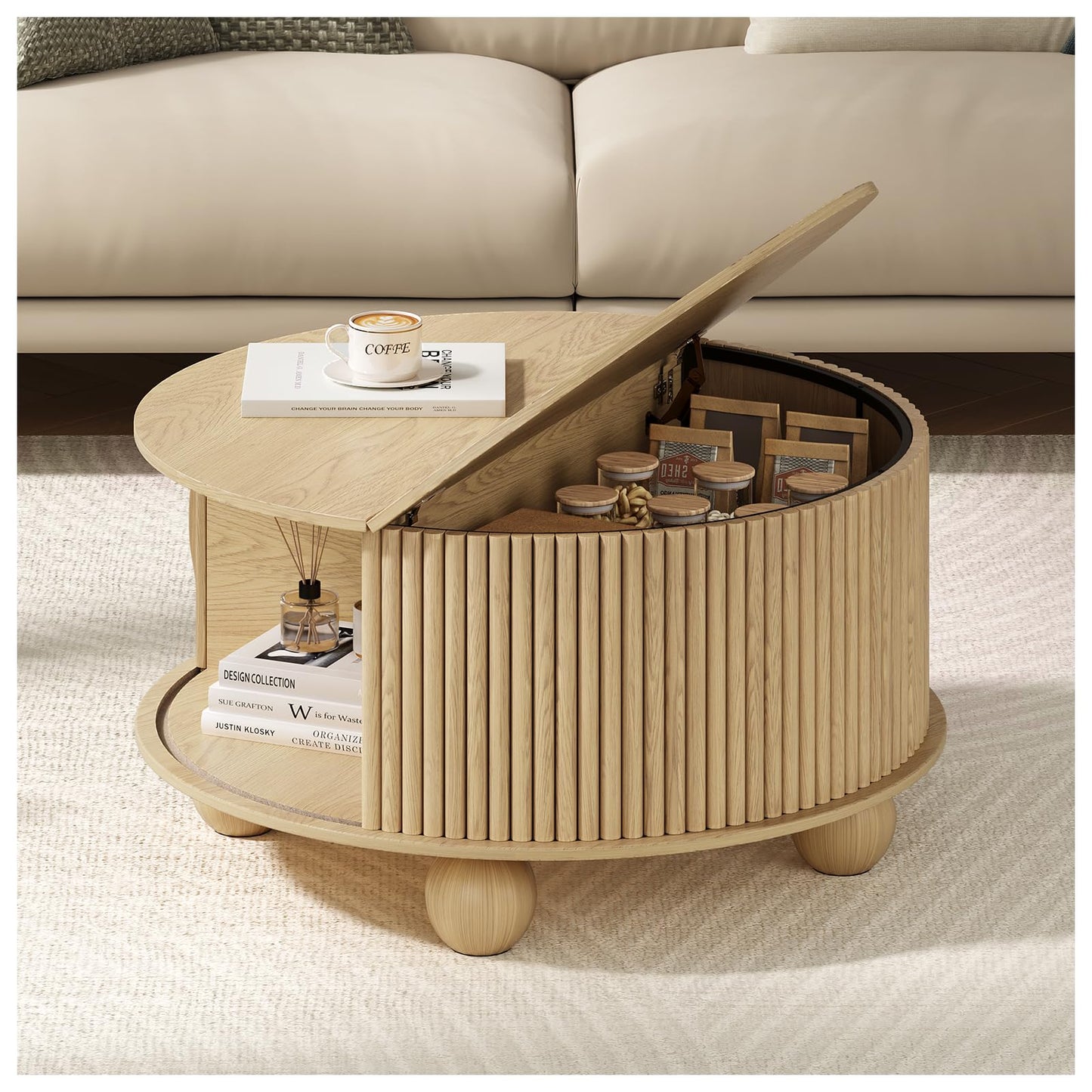 JOINICE, Round Coffee Table with Storage, 31.5" Mid-Century Modern Center Table with Sliding Door, Fluted Lift Up Coffee Table with Bun Feet, Wood Coffee Tables for Living Room, Home Small Space, Oak