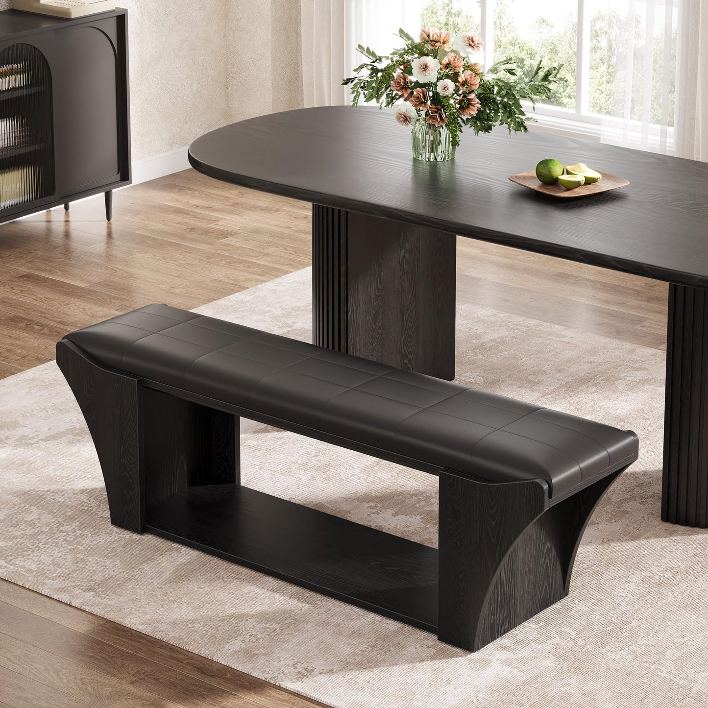 Tribesigns 59" Long Dining Room Bench for 2 to 3, Modern Black Kitchen Benches Upholstered Stools with Leather Padded Seat and Open Storage Shelf for Indoor Use