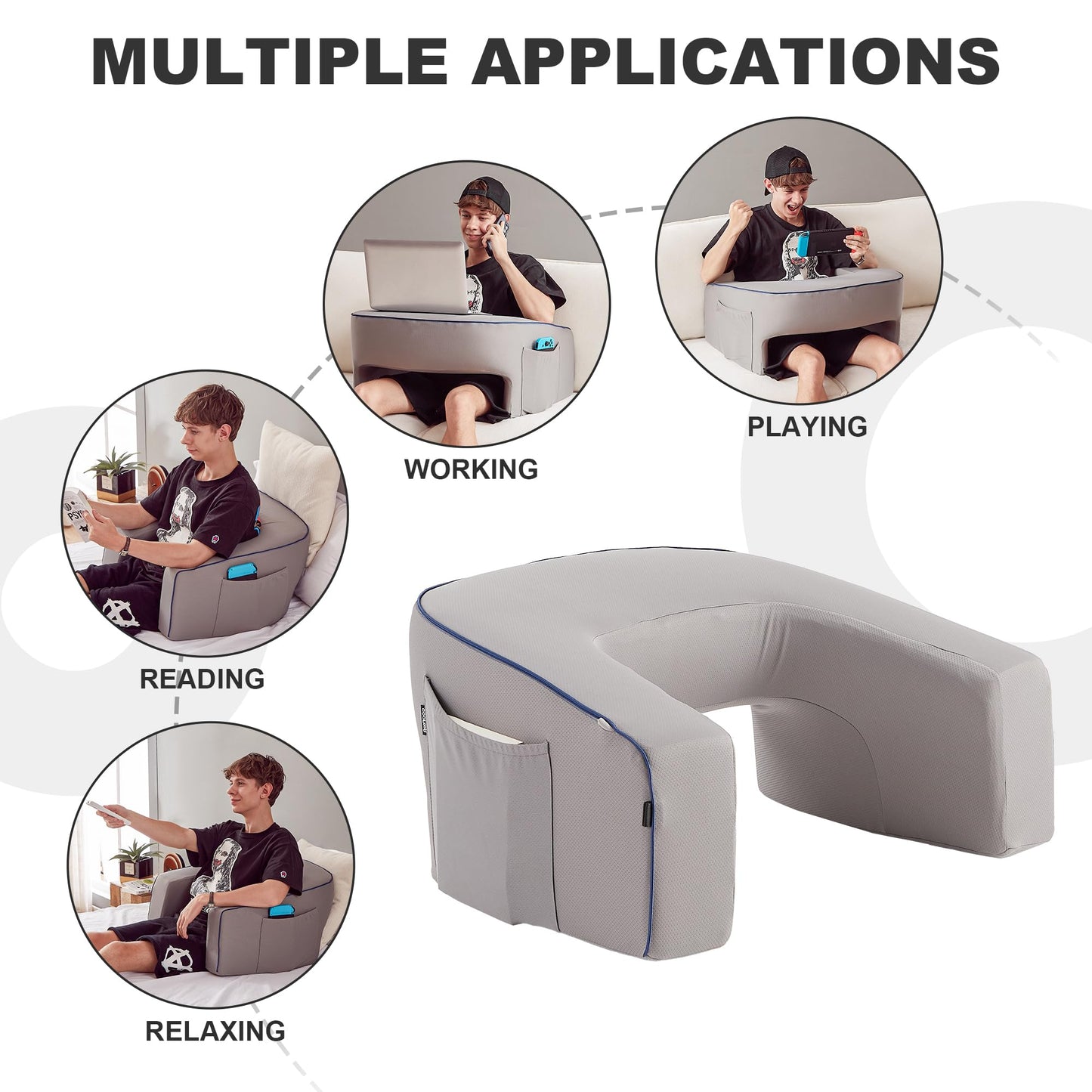 cooloo8 Soft Lap Desk Pillow for Adult, Extra Large Reading Pillow with Pocket, Arm Rest Pillow, Memory Foam Bed Rest Pillow can Reading, Working in Bed Floor Sofa (Grey)