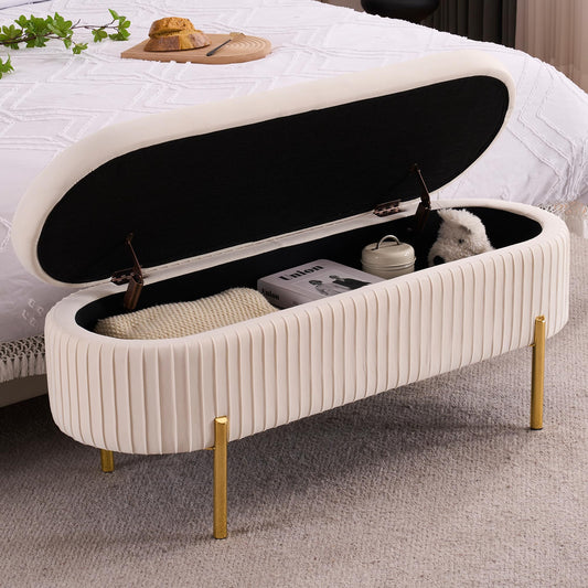 AIITTCC Velvet Storage Bench for Bedroom Upholstered End of Bed Bench Modern Ottoman with Gold Legs for Living Room/Window/Entryway (Ivory White, Oval-45.5" W)