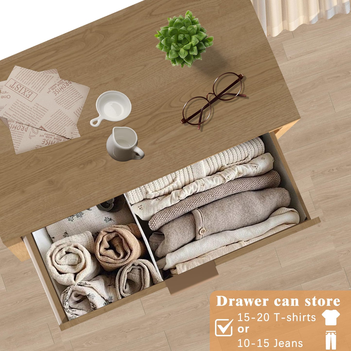 BTDWI Wood 5 Dresser for Bedroom, Wide Rattan Drawer with Gold Handle for Bed Room, Hallway, Rustic Oak