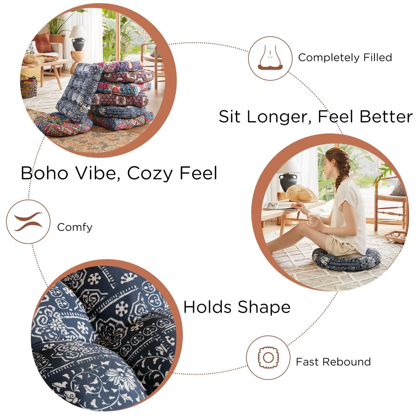 Codi Meditation Floor Pillow, Boho Pillows Seating for Adults and Kids, Large Round Cushion for Yoga Living Room Tatami Sitting, Memory Foam Added, 22x22 Inch, Indigo Elephant