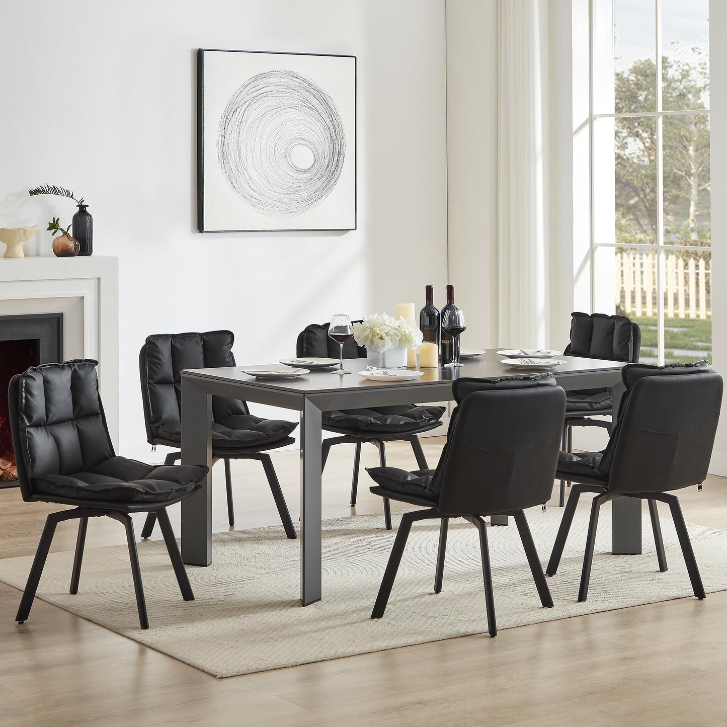 BedsPick Swivel Dining Chair Set of 2 - Faux Leather Upholstered Kitchen Chair, Mid Century Modern Dining Room Chair with Rotating Seats and Metal Legs (Black)